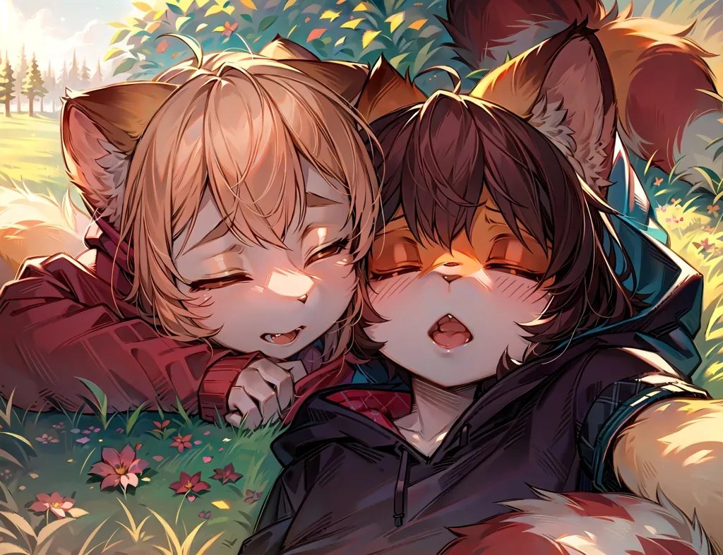 The image is of two anime-style catgirls lying in the grass. The catgirl on the left has short blonde hair and is wearing a red hoodie. She has a happy expression on her face and is leaning against the catgirl on the right. The catgirl on the right has longer brown hair and is wearing a black hoodie with a plaid shirt underneath. She has a slightly embarrassed expression on her face and is holding the catgirl on the left's hand. There are flowers and plants in the background, and the sun is shining brightly.