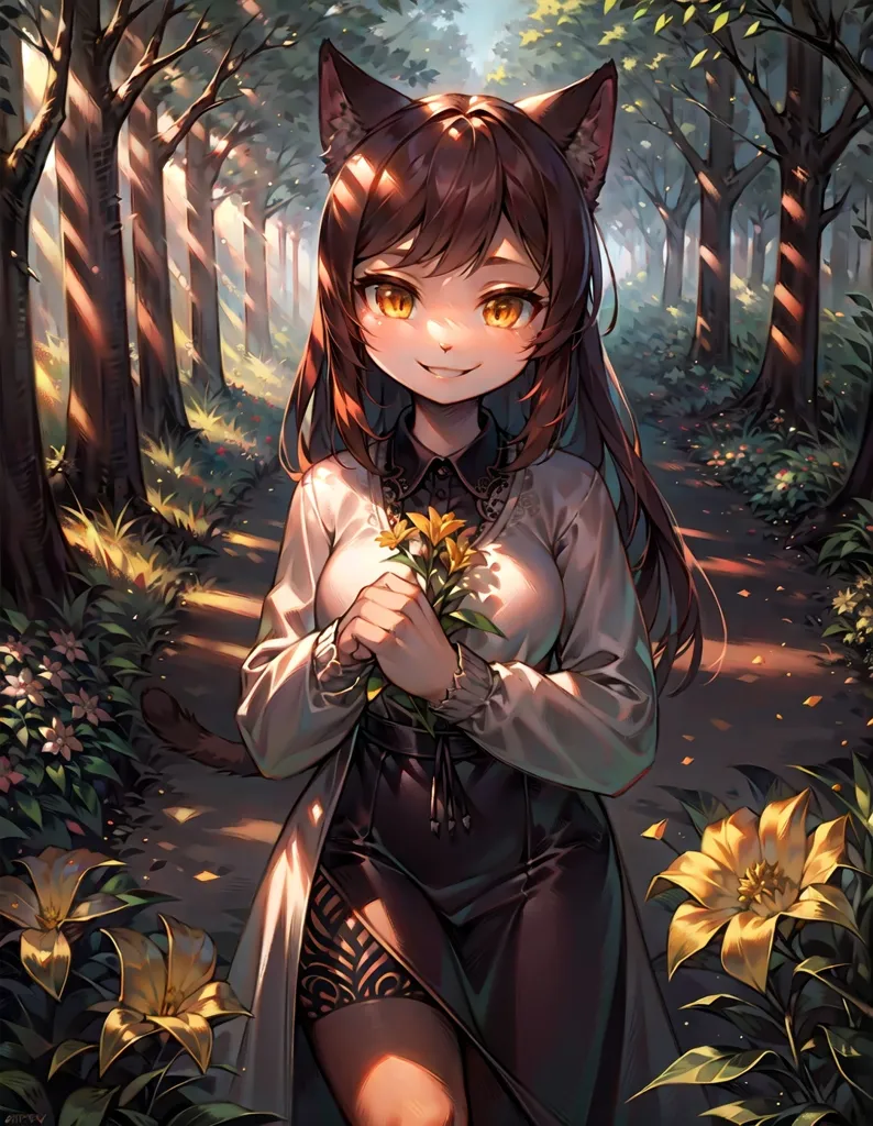 A imagem é uma pintura de uma jovem mulher com orelhas de gato e uma cauda de gato. Ela está em pé em uma floresta, rodeada por árvores e flores. A mulher está usando uma camisa branca e uma saia preta. Ela tem cabelos longos e castanhos e olhos amarelos. Ela está sorrindo e segurando um buquê de flores amarelas. A pintura é feita em um estilo realista, e as cores são vibrantes e realistas.