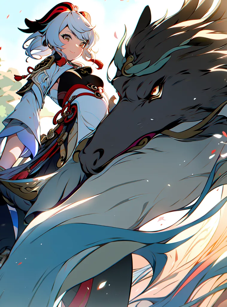 The image is of a young woman with white hair and blue eyes. She is wearing a white and blue kimono with a red obi. She is standing next to a large black wolf with red eyes. The wolf has a green mane and tail. The woman is smiling and has her hand on the wolf's head. The wolf is looking at the woman with a loyal expression. The background is a blur of light blue and there are some pink flower petals in the foreground.