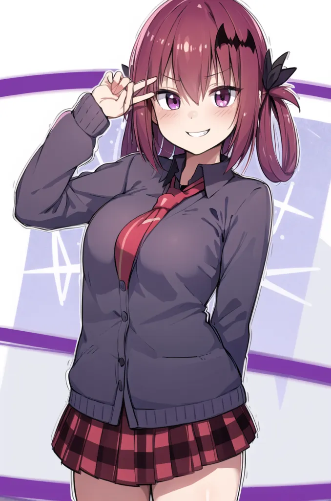 The image shows a young woman with red hair and purple eyes. She is wearing a gray sweater, a red tie, and a plaid skirt. She has a smug expression on her face and is making a peace sign with her right hand. The background is white with purple accents.