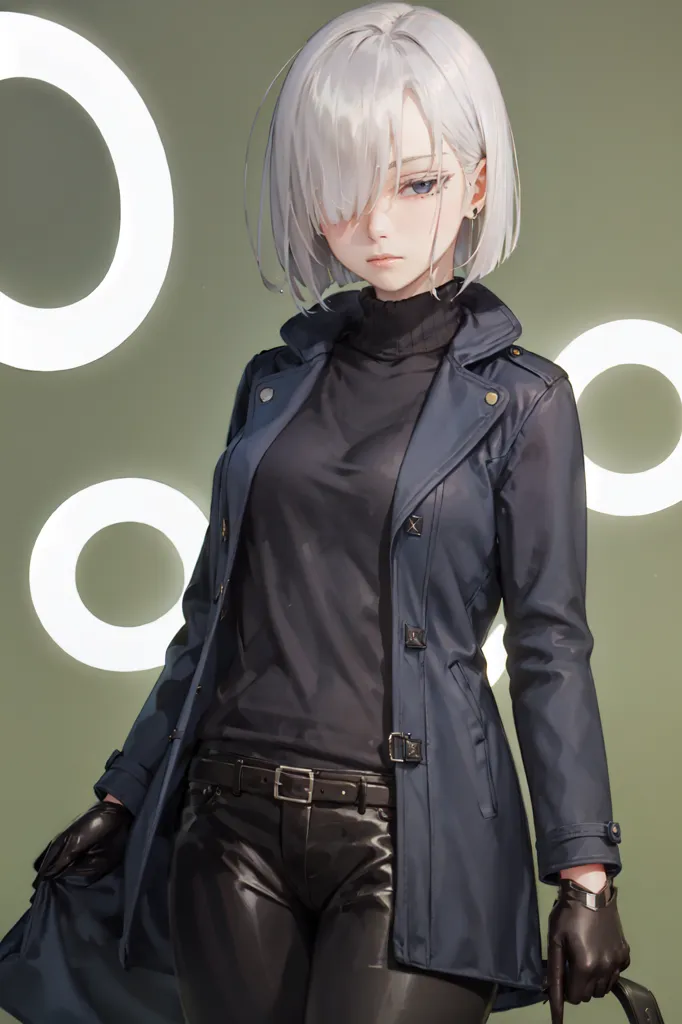 The image is a portrait of a young woman with short white hair and blue eyes. She is wearing a black turtleneck sweater and a blue coat with a belt. She is also wearing black gloves and there are several white circles of light in the background.