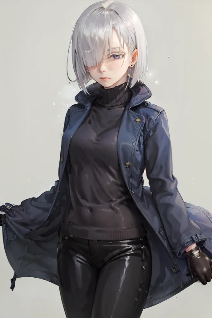 The image is a digital painting of a young woman with short white hair and purple eyes. She is wearing a black turtleneck sweater and black leather pants. Over the top of this, she is wearing a blue trench coat with gold buttons. The coat is open, showing off her figure. She is also wearing black gloves and black boots. The woman is standing in a confident pose, with her feet shoulder-width apart and her hands on her hips. Her head is tilted slightly to the right, and she is looking at the viewer with a serious expression. The background is a light gray color, with a few sparkles of light. The image is drawn in a realistic style, with attention to detail. The woman's hair is rendered in such a way that it looks soft and fluffy, and her skin is smooth and flawless. The image is also well-lit, with the light source coming from the front. This helps to create a sense of depth and realism. Overall, the image is a beautiful and well-executed piece of digital art.