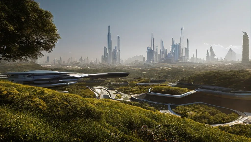 La imagen muestra una ciudad futurista con mucha vegetación. Hay edificios altos y muchos árboles y plantas. El cielo es azul y el sol brilla. Hay un gran parque en primer plano con un edificio largo y curvo. En el fondo, hay una gran ciudad con muchos rascacielos.