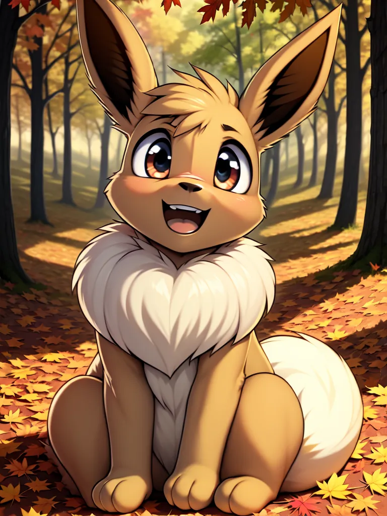 The image is of a cartoon Eeveelution, which is a type of Pokemon. It is sitting in a forest with fallen leaves. The Eeveelution has brown fur, big eyes, and a fluffy tail. It is smiling and looks happy.