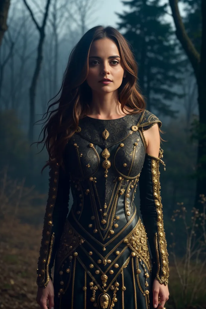 This image shows a woman wearing a black and gold-colored outfit. The outfit is made of a leather-like material and has intricate gold-colored metal detailing. The woman has long brown hair and green eyes. She is standing in a dark forest and looking at the camera with a serious expression.