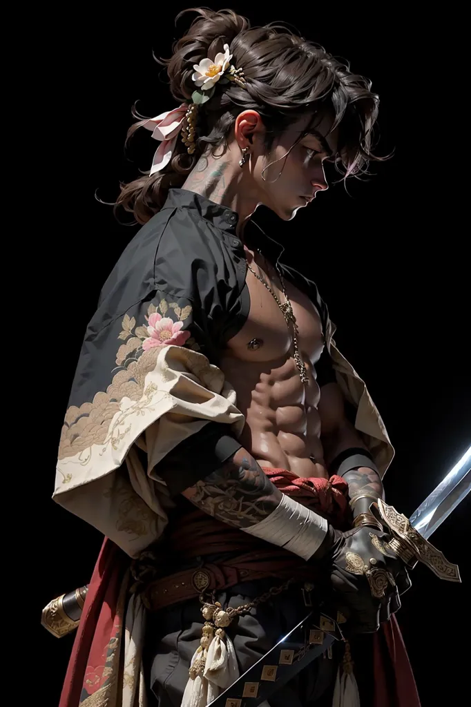 The image is of a man with long brown hair and brown eyes. He is wearing a black shirt with white and pink floral designs and a red sash. He also has a number of tattoos on his arms and chest. He is holding a sword in his right hand. He is standing in a dark room with a black background.