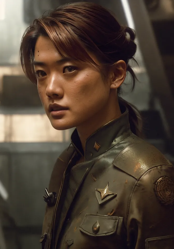 The image shows a young Asian woman with short brown hair in a ponytail. She is wearing a brown leather jacket with a white shirt underneath. The jacket has several pins on it, including a gold star and a silver circle with a UEE symbol in the center. The woman has a serious expression on her face and is looking at the viewer with her brown eyes. She is standing in front of a blurred background of a spaceship hangar.