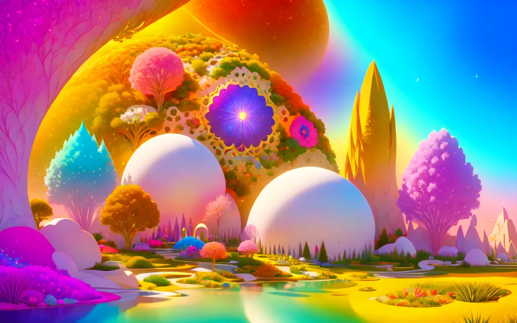 The image is a surreal landscape with a large, glowing sphere in the center. The sphere is surrounded by a variety of trees, plants, and flowers. There are also several large, white structures in the background. The sky is a gradient of pink, orange, and yellow, with a few clouds. The water in the foreground is a bright blue-green color. The overall effect of the image is one of wonder and awe.