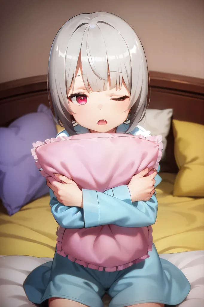 The image is of a young girl with white hair and red eyes. She is wearing a blue and white striped shirt, with a pink apron. She is hugging a pink pillow. The girl is sitting on a bed, with a yellow blanket and two pillows behind her. The background is a blurred orange color. The girl has a shy expression on her face and is winking.