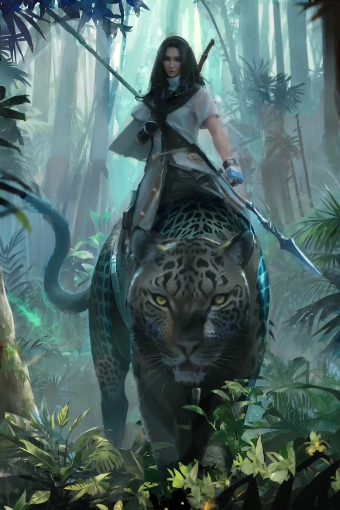 A woman is riding on the back of a black panther. The woman is wearing white and blue clothes and has a sword on her back. The panther is walking through a jungle and is surrounded by green plants and trees. The woman has a determined look on her face and is holding a spear in her hand. She is wearing a white and blue outfit and has brown hair. The panther is black with green eyes and is growling. The jungle is full of green plants and trees, and the sun is shining through the trees.