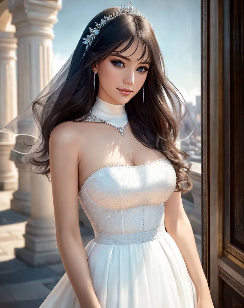 The image shows a beautiful young woman in a wedding dress. She is standing in front of a large window, and the light from outside is shining on her. She is wearing a white strapless dress with a sweetheart neckline. The dress is covered in intricate beading and lace, and she is wearing a long white veil. Her hair is long and dark, and she is wearing a tiara made of diamonds and pearls. She is also wearing a necklace and earrings made of diamonds. The woman is very beautiful, and she looks very happy.