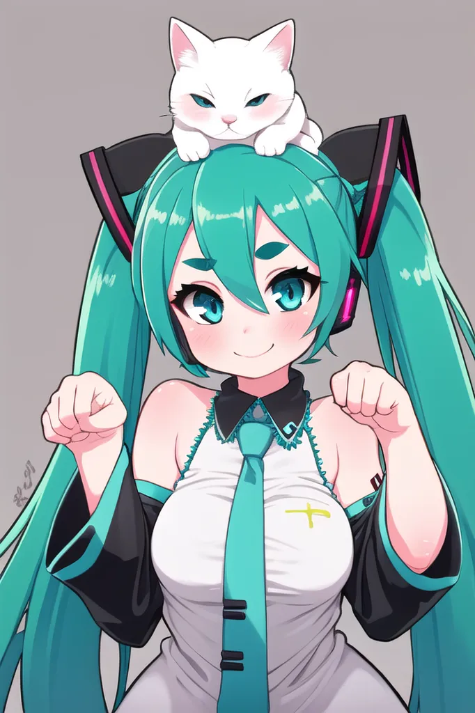 The image is of a young woman with long green hair and blue eyes. She is wearing a white shirt and a tie. She has cat ears and a white cat is sitting on her head. She is smiling and has her hands up in the air.