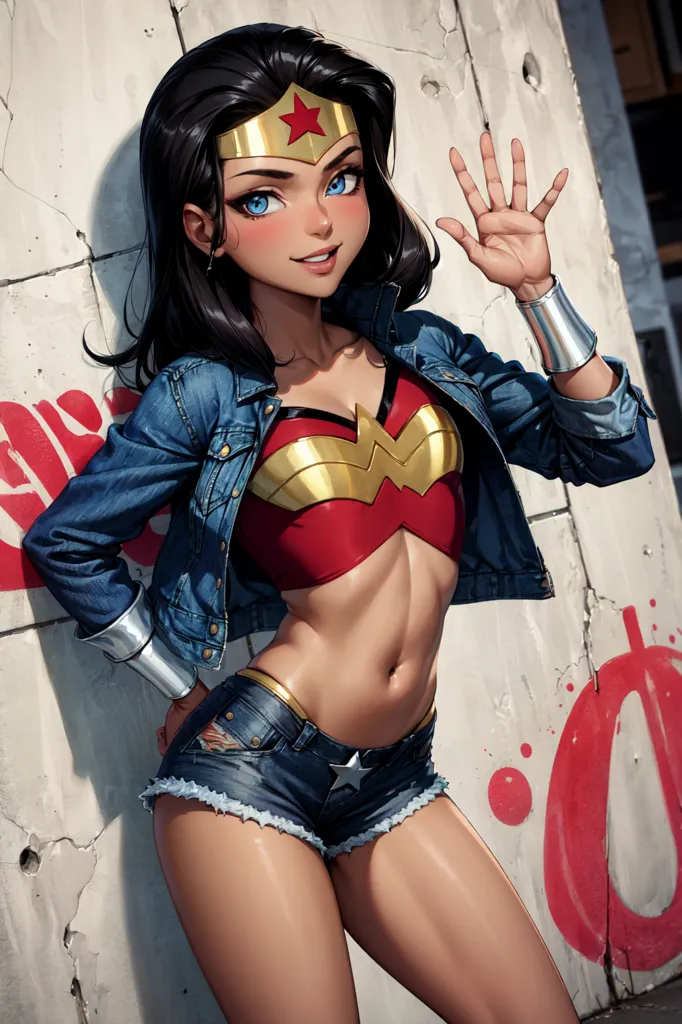 This is an image of Wonder Woman. She is depicted as a young woman with long black hair and blue eyes. She is wearing a red and gold bustier, a denim jacket, and denim shorts. She is also wearing a pair of silver bracelets and a golden tiara. She is standing in front of a concrete wall with graffiti on it. She has a friendly smile on her face and is waving.