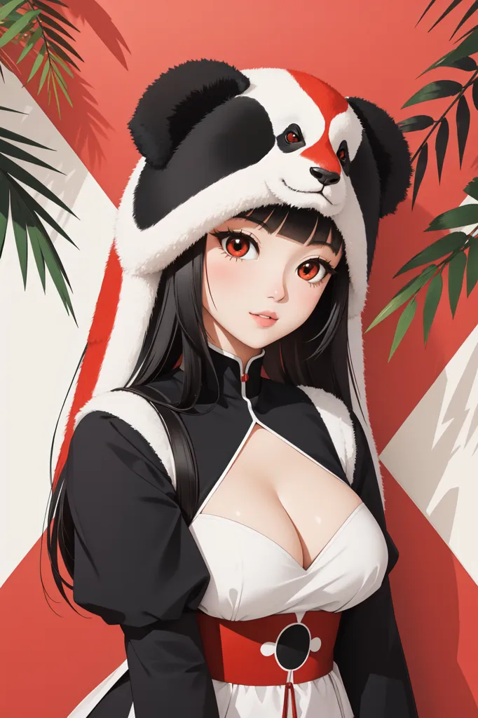 This is an image of a girl with long black hair and red eyes. She is wearing a white and red旗袍, and a panda hat with a red inside. The background is red with white and green accents. The girl's expression is serious and thoughtful.