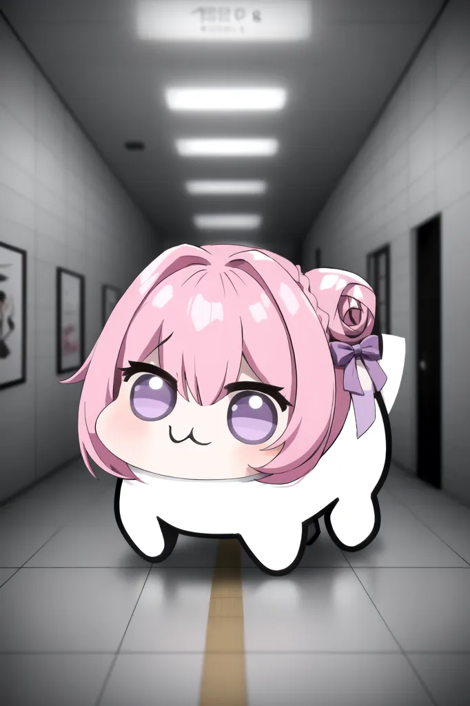 The image shows a cute anime girl with pink hair and purple eyes. She is wearing a white dress with a pink bow. The girl is in a hallway with white walls and a gray floor. There are doors on both sides of the hallway. The girl is smiling and looking at the viewer.