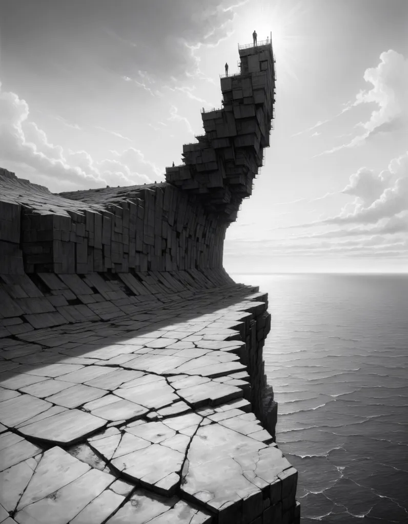 The image is in black and white. It shows a large, rocky cliff face that is being eroded by the waves. The cliff face is covered in large, angular blocks of stone that have been separated from the main cliff face by the erosive forces of the waves. The cliff face is very tall and appears to be very dangerous. The water below the cliff face is very deep and appears to be very cold. The sky above the cliff face is very cloudy and appears to be very stormy. There are two people standing on a platform at the top of the cliff. They are both wearing heavy coats and hats, and they are both looking out at the sea.