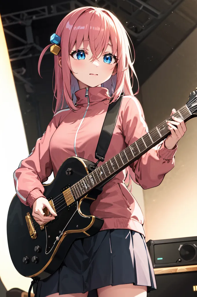 The image shows a young woman with pink hair playing an electric guitar. She is wearing a pink jacket, a white shirt, and a gray skirt. She has a blue ribbon in her hair and is looking at the fretboard of the guitar. The background is a blur of light and dark colors.