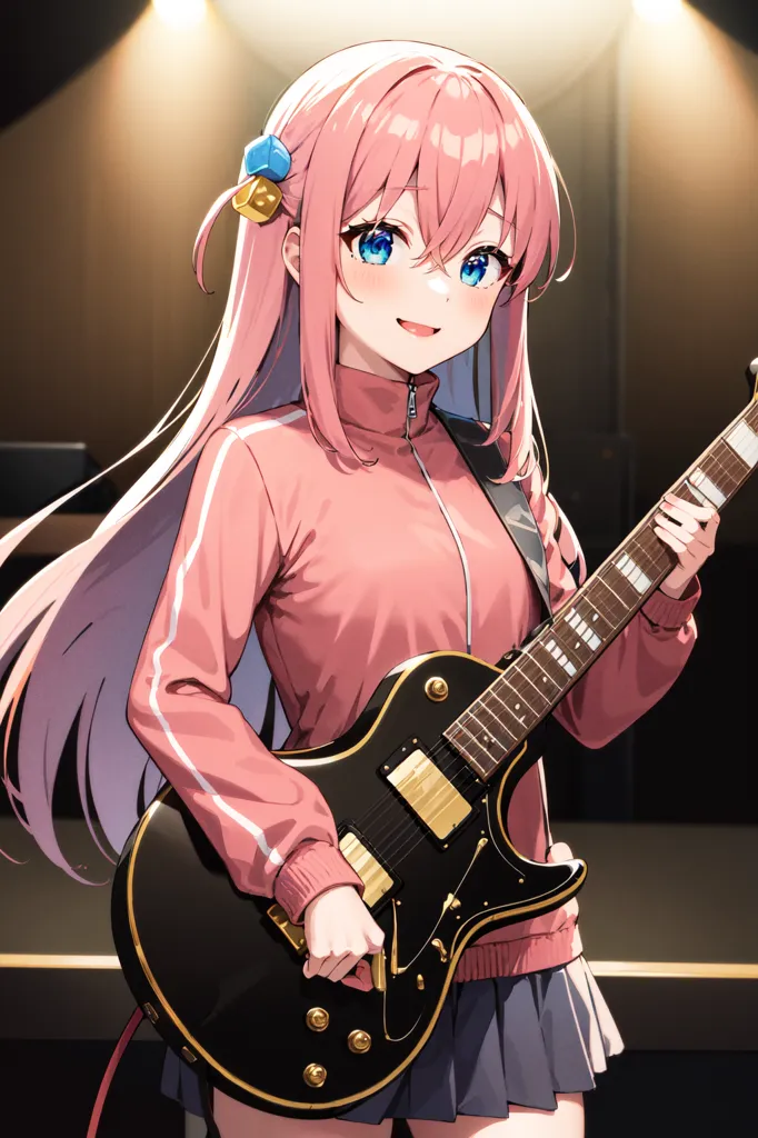 The image shows a young woman with pink hair playing an electric guitar. She has a bright smile on her face and is looking at the camera. She is wearing a pink tracksuit with a white T-shirt underneath. The guitar is black with gold hardware. She is standing in a room with a spotlight shining on her.