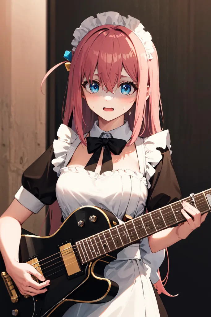 The image depicts a young woman with pink hair and blue eyes. She is wearing a black and white maid outfit and playing an electric guitar. She has a surprised expression on her face. The background is a blurred brown color.