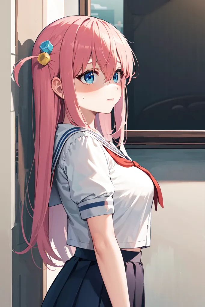 The image shows a young girl with pink hair and blue eyes. She is wearing a white and blue sailor-style school uniform. She is standing in a hallway, leaning against a wall. The girl has a shy expression on her face and is looking away from the viewer.