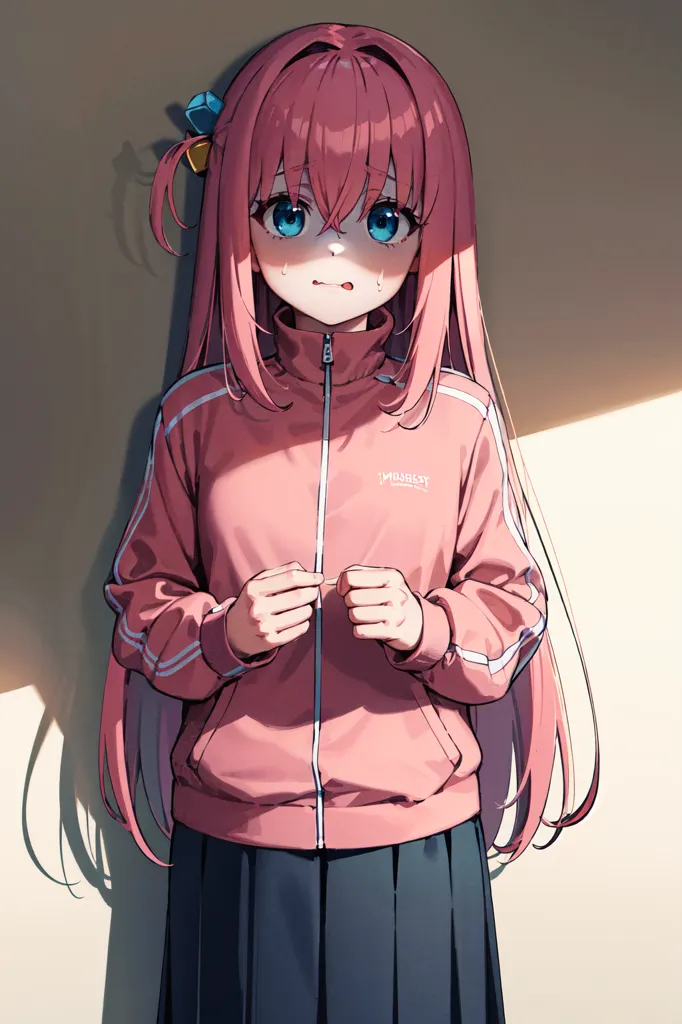 The image shows a young girl with pink hair and blue eyes. She is wearing a pink tracksuit with a white stripe down the sleeves and a white pleated skirt. She is standing with her hands together in front of her and looking at the viewer with a slightly embarrassed expression on her face. She has a small yellow bow in her hair.