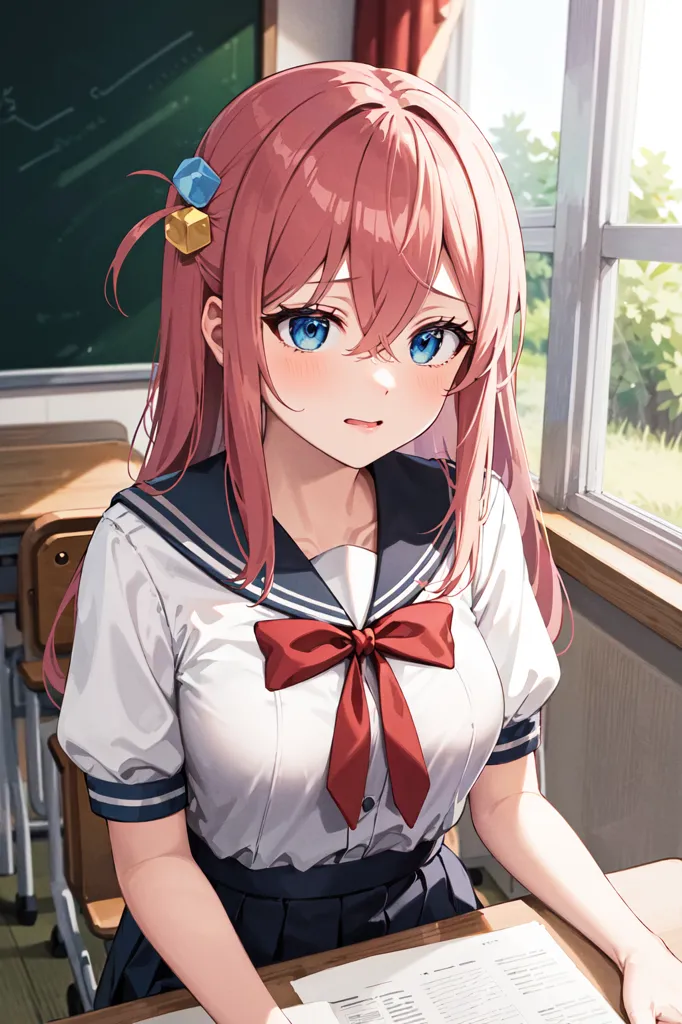 The image shows a girl with pink hair and blue eyes. She is wearing a white shirt with a red ribbon and a blue skirt. She is sitting in a classroom and looking at the camera. There is a blackboard behind her and a window on the right side of the image.