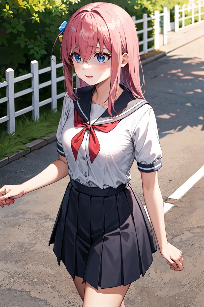 The image shows a young girl with pink hair and red eyes. She is wearing a white shirt, a red bow, and a black skirt. She is standing on a sidewalk next to a white fence. There are trees and bushes in the background. The girl is looking at something or someone with a surprised expression on her face.