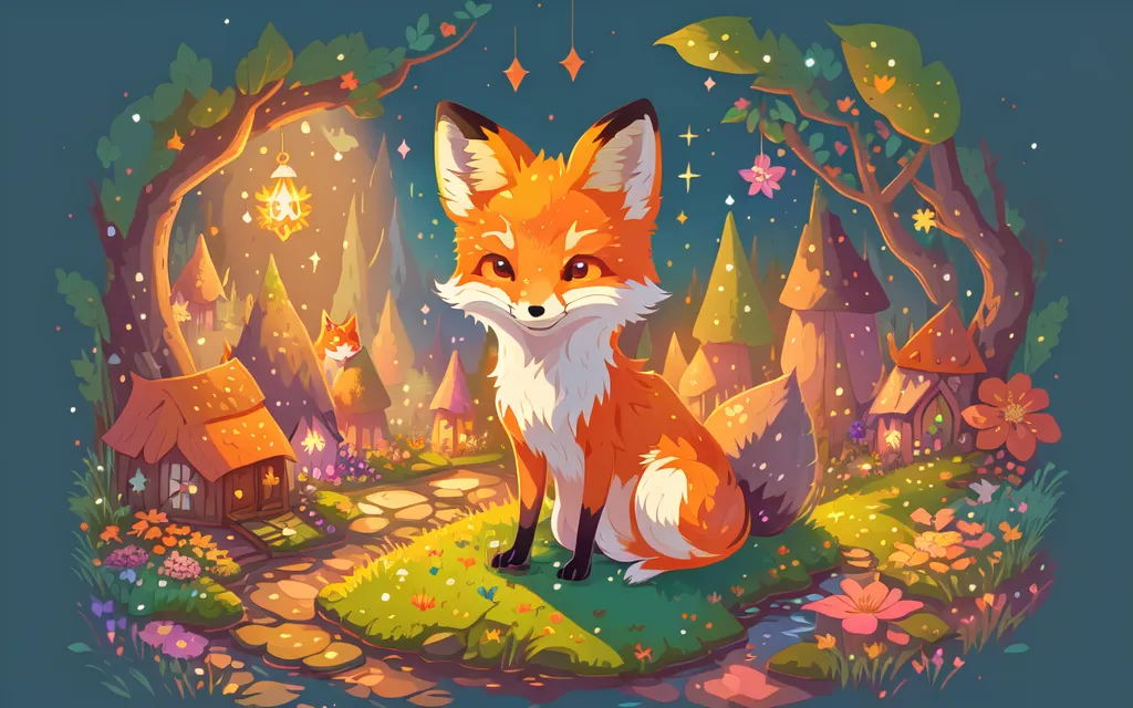 The image is a cartoon illustration of a fox sitting in a forest. The fox is sitting on a small patch of grass in the middle of a path. The fox is orange and white with a big smile on its face. It is looking up at the viewer. There are several houses in the background of the image. The houses are small and made of wood. They have flowers and plants growing around them. There are also several trees in the background of the image. The trees are tall and green. There is a river running through the middle of the image. The river is blue and has several flowers growing along the banks. The image is very colorful and bright.