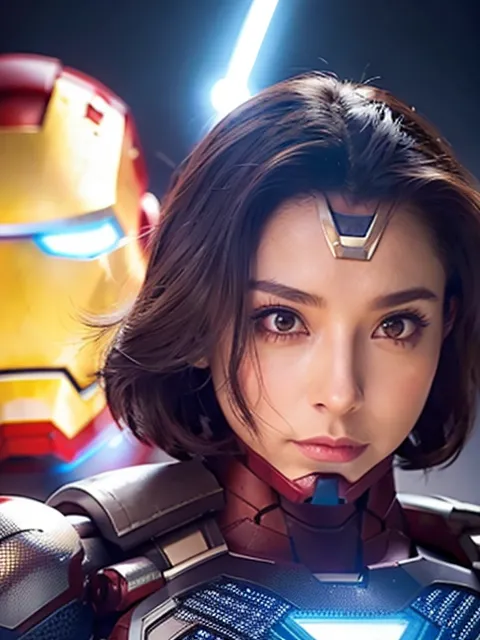 Gambar ini menunjukkan seorang wanita muda dengan rambut coklat pendek dan mata coklat. Dia mengenakan kostum Iron Man berwarna merah dan emas. Kostum tersebut memiliki topeng yang menutupi mulut dan hidungnya. Dia berdiri di depan kostum Iron Man yang besar. Kostum besar tersebut berwarna merah dan emas, dan memiliki lampu di dadanya.