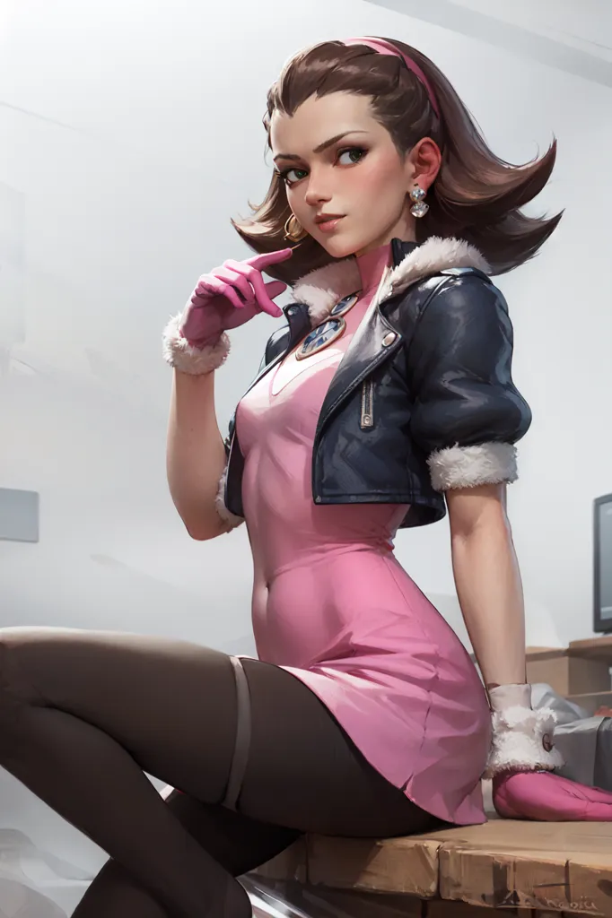 The image is of a beautiful young woman with brown hair and green eyes. She is wearing a white blouse, a pink skirt, and a black leather jacket. She is also wearing black gloves and a pearl necklace. She is sitting on a table and has one hand on her hip and the other on her chin. She is looking at the viewer with a confident expression. The background is a blur of light pink.