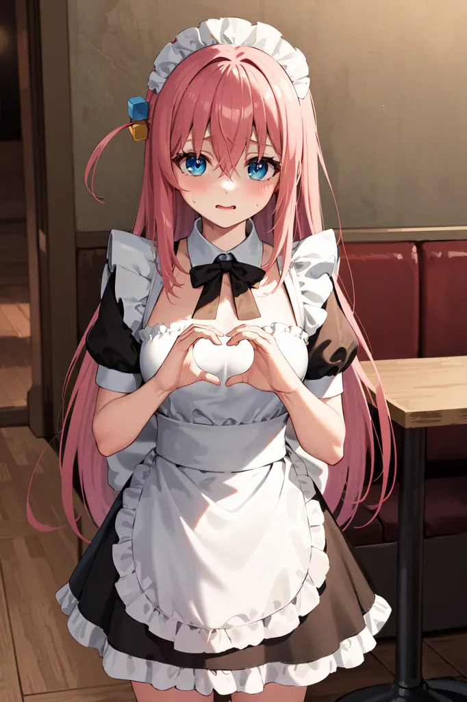 The image depicts a young woman with pink hair dressed in a maid outfit. She has blue eyes and a shy expression on her face. She is standing in a room with a wooden floor and a table and chairs in the background. She has her hands together in the shape of a heart.