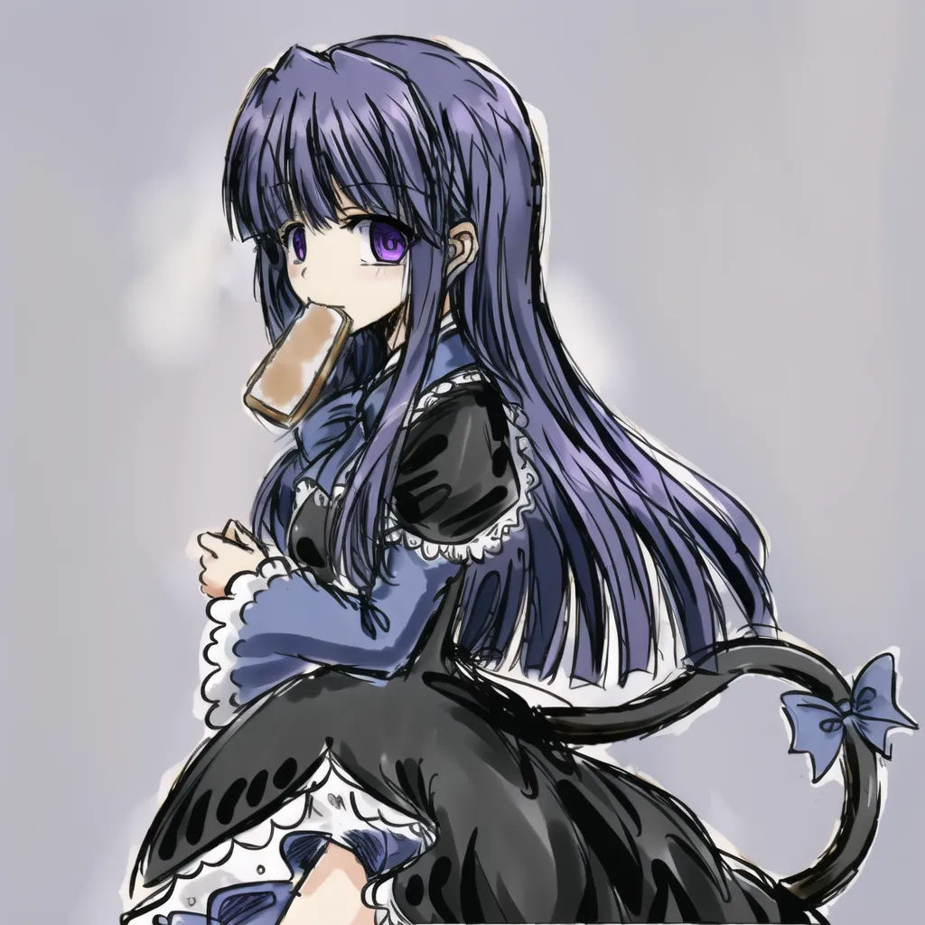 The image shows a girl with long purple hair and purple eyes. She is wearing a black and blue dress with a white collar. She has a piece of bread in her mouth and is looking to the side. She has a cat tail with a blue bow on the end.