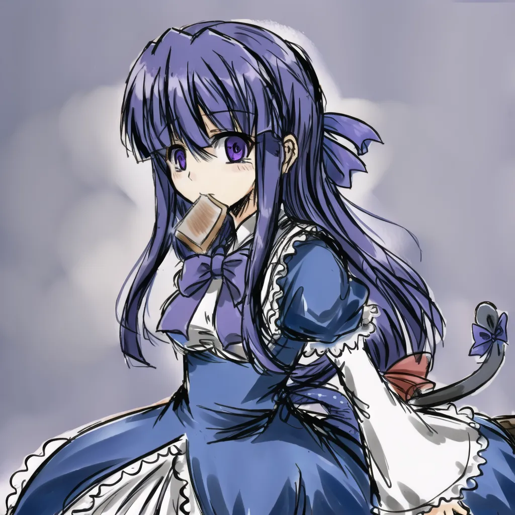 L'image montre une fille aux cheveux violets et aux yeux violets. Elle porte une robe bleue avec un col blanc et un tablier blanc. Elle a une queue de chat brune et une oreille de chat brune. Elle tient une tranche de pain grillé dans la bouche. Elle est assise sur un balai. L'arrière-plan est blanc avec un dégradé bleu clair.