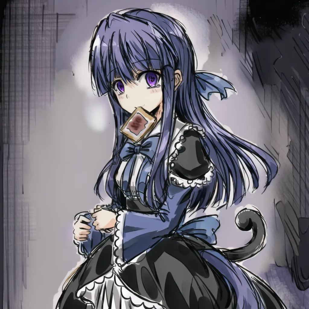 The image shows a girl with purple hair and cat ears. She is wearing a black and blue gothic lolita dress with a white apron. She is holding a piece of toast in her mouth and looking at the viewer with a curious expression. She has a small blush on her cheeks. The background is a dark grey brick wall.