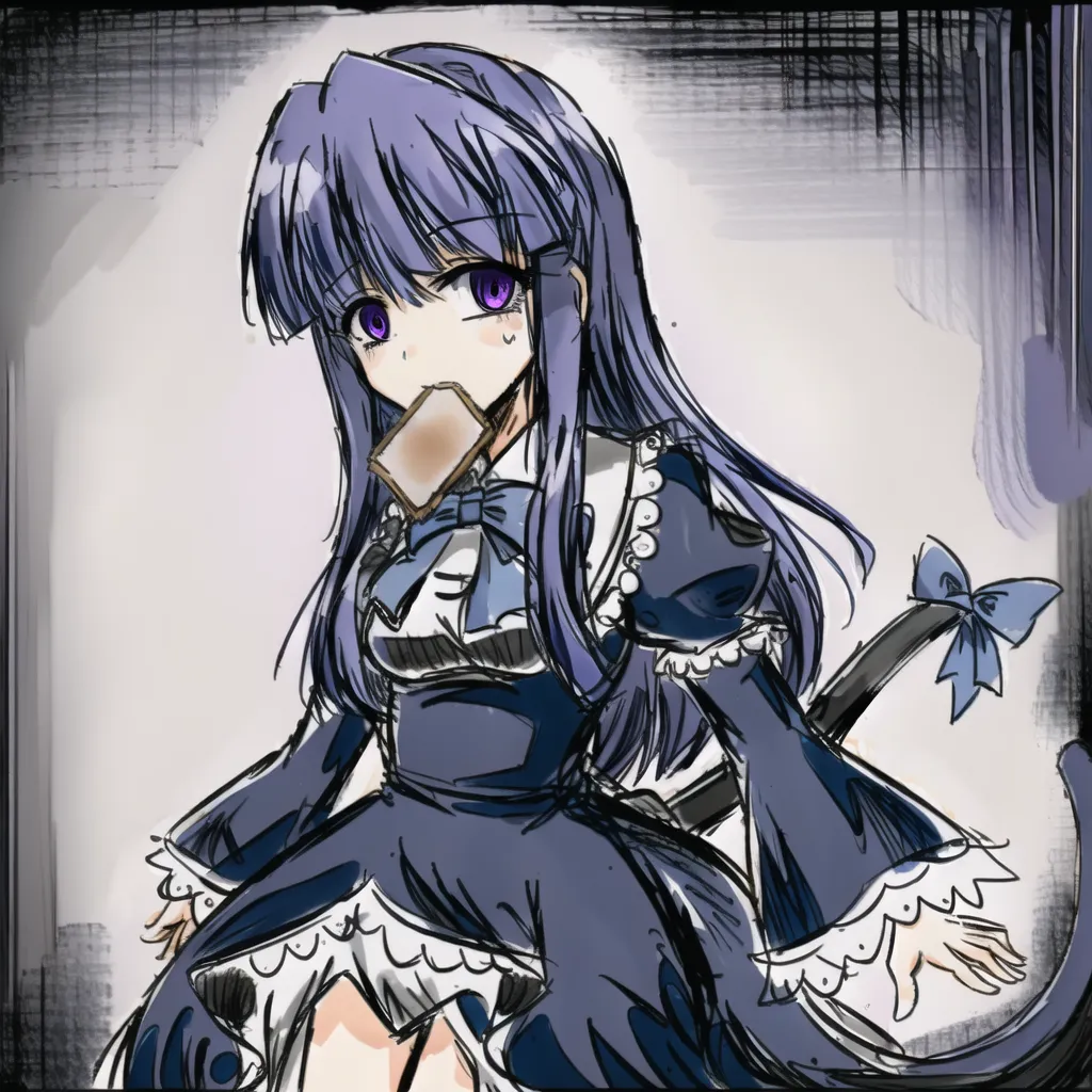 The image shows an anime-style girl with purple hair and purple eyes. She is wearing a black dress with a white collar and a blue ribbon. She is holding a piece of toast in her mouth and looking at the viewer with an embarrassed expression on her face. She has a cat tail and cat ears.