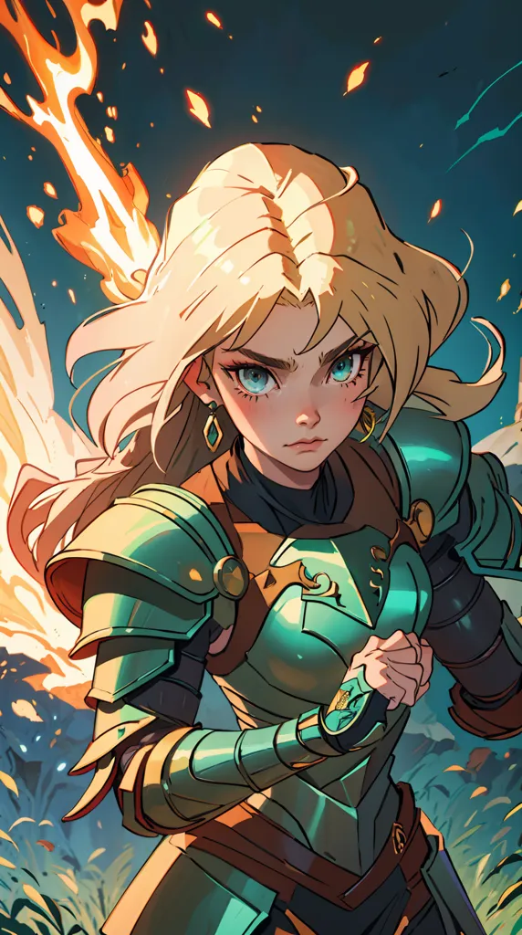 The image is of a young woman with long blond hair and blue eyes. She is wearing a green and brown armor and has a determined expression on her face. She is holding a sword in her right hand and there is a flame coming out of it. She is standing in a forest and there are flames in the background.