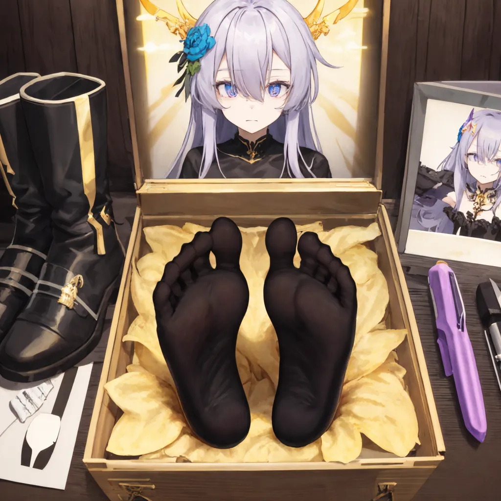 The image is a photo of a pair of black stockings with black boots on top of them. The stockings are in a box with yellow shredded paper. The box is on a wooden table. There is a picture of a woman with purple hair and blue eyes on the table. There is a purple pen on the table.