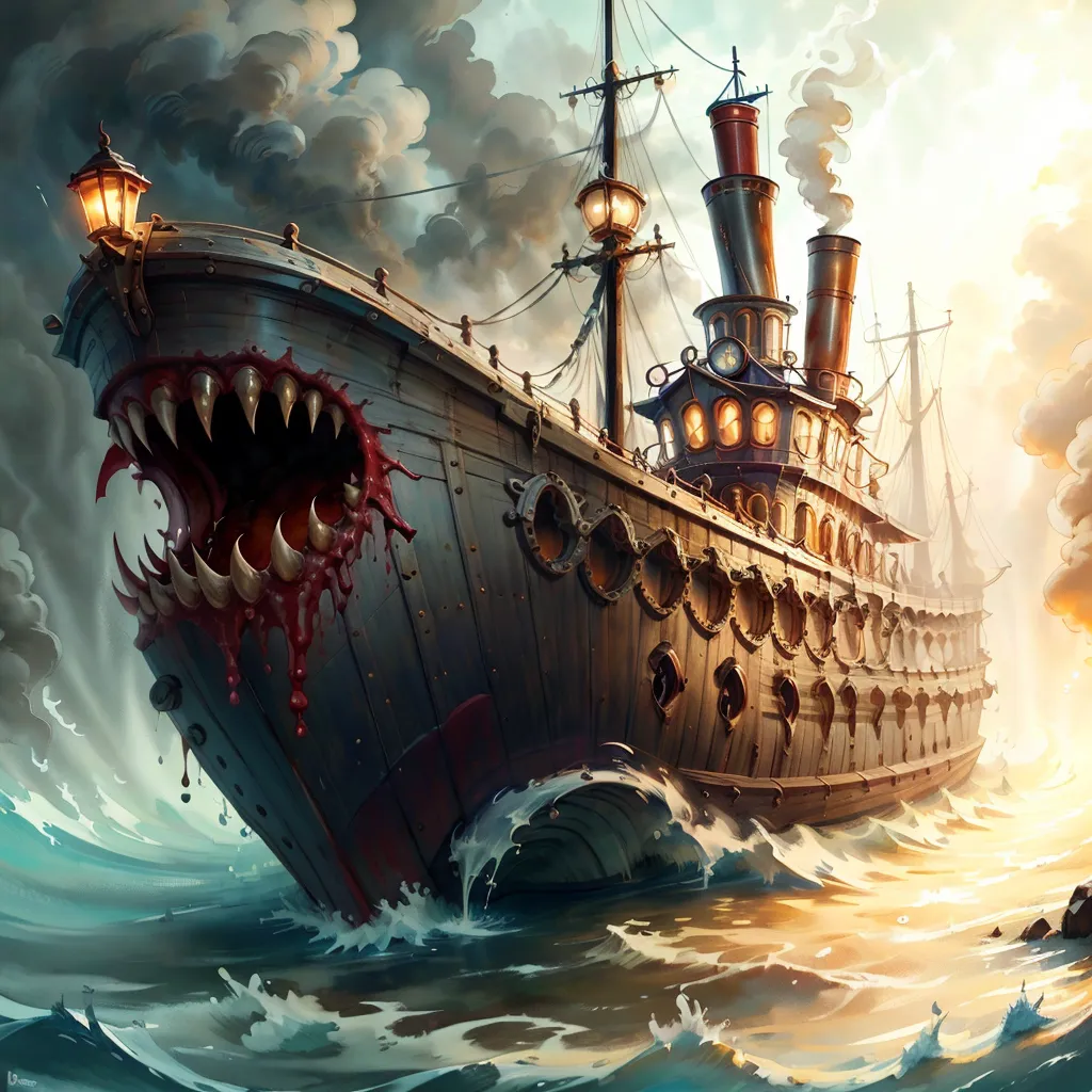 The image is a digital painting of a steampunk ship. The ship is large and made of metal. It has a dragon-like head with sharp teeth and a long tongue. The ship is also has three smokestacks and several large sails. It is flying through the air above a stormy sea. The sky is dark and cloudy, and the waves are crashing against the ship.