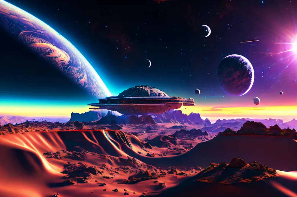 The image is set in a vast, alien landscape. There are two planets in the sky, one of which is a crescent moon. The surface of the planet is covered in red rocks and sand. There is a large, metallic structure in the foreground. It has a large, flat top and is surrounded by a number of smaller structures. There is a bright light coming from the right side of the image. It is not clear what time of day is depicted in the image, but the bright light suggests that it is either sunrise or sunset.