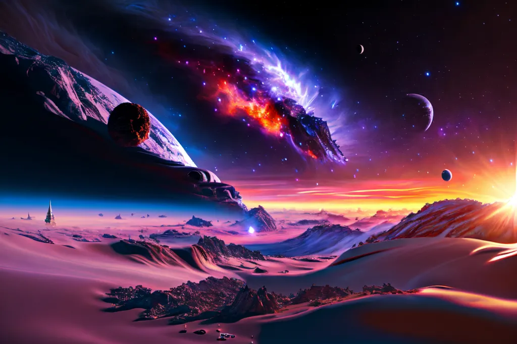 The image is set on a desert planet with a mountain range in the foreground. The sky is dark with a bright nebula and several stars. There is a large moon in the sky, and two smaller moons can be seen in the distance. The ground is covered in sand, with some rocks and boulders scattered around. There is a building in the distance.