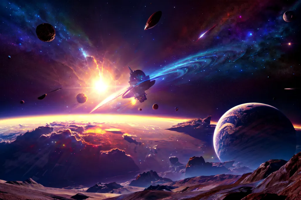 The image is set in a vast and colorful space scene. There is a large, ringed planet in the foreground, with a bright star and several moons in the background. The planet is surrounded by a thick atmosphere, which is lit up by the star. There are also several spaceships flying around the planet. The image is full of vibrant colors and has a very dynamic feel to it.