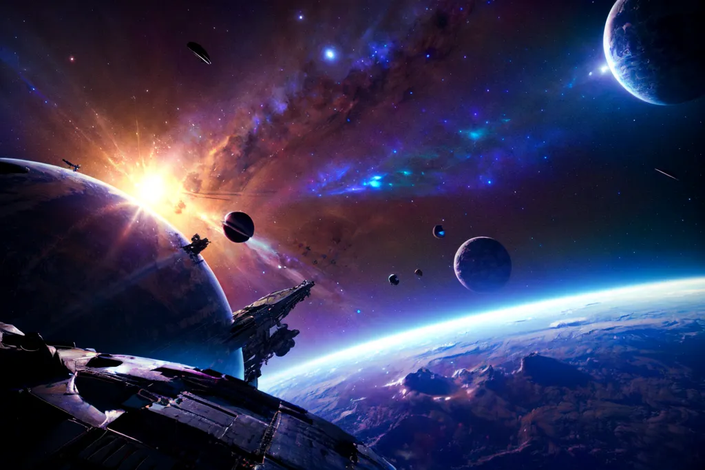 The image shows a scene in outer space. There is a large spaceship in the foreground, and several planets and moons in the background. The planets are all different sizes and colors, and the moons are all different shapes. The spaceship is also very large, and it is unclear what type of ship it is. The background of the image is a starry sky, with many stars and galaxies visible. The image is very colorful, and the colors are very vibrant. The image is also very detailed, and the artist has clearly spent a lot of time creating it.