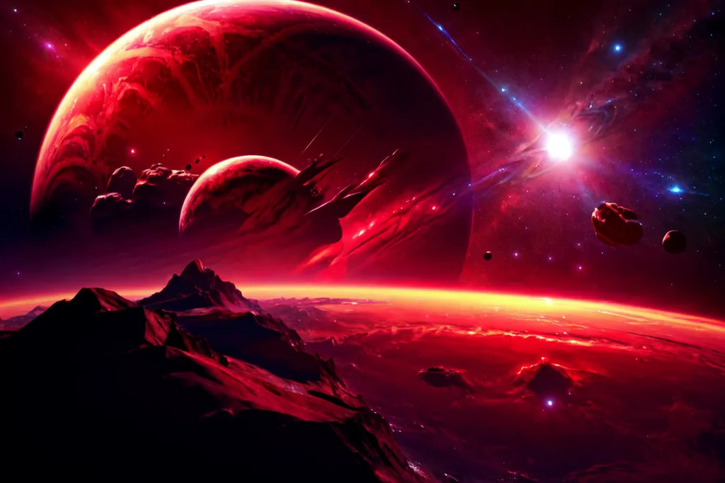 The image is set in a red-colored space. There are two planets in the foreground. The planet on the left is larger and has a red atmosphere. The planet on the right is smaller and has a blue atmosphere. There is a spaceship in the foreground, and it is flying towards the larger planet. There are several stars in the background. The image is very detailed, and the colors are very vibrant.