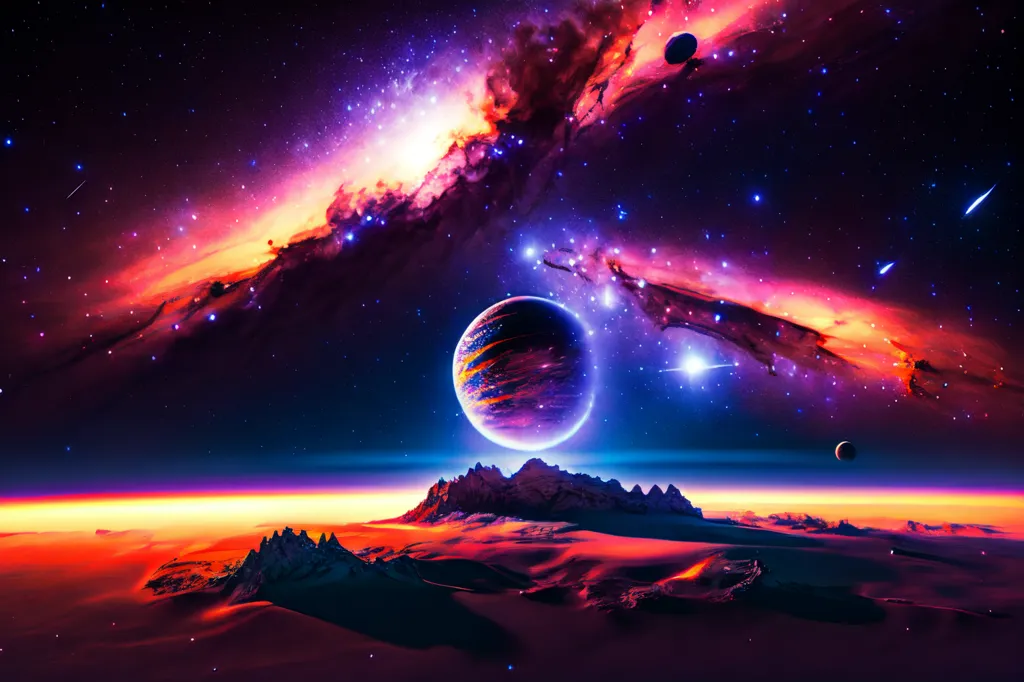 The image is set in outer space, with a large, vibrant planet taking center stage. The planet is a mix of blue, purple, and pink, with a bright, shining light on its surface. It is surrounded by a sea of stars and colorful nebulae. There are also two moons in the background. The planet is in the foreground and is surrounded by a number of large, rocky mountains. The mountains are a mix of red, orange, and yellow. There is a large, glowing moon in the background. The moon is a mix of yellow and orange. There are also a number of shooting stars in the background. The image is very colorful and has a lot of detail.