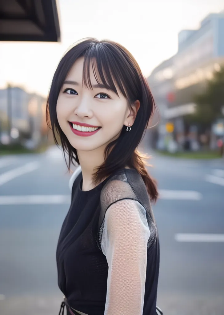 The image shows a young Japanese woman with black hair and bangs. She is wearing a black dress with a white collar. The dress is made of a sheer material and has a ruffled hem. The woman is smiling and looking at the camera. She is standing in a crosswalk in the city. There are buildings and cars in the background. The sun is shining brightly. The image is in focus and the colors are vibrant.