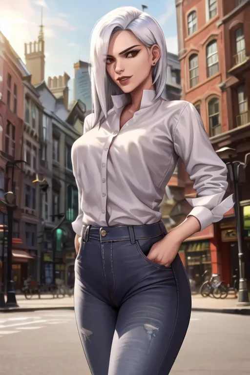 The picture shows a young woman, probably in her 20s, with an athletic build. She has pale skin, silver hair, and dark eyes. She is wearing a white button-down shirt with the top two buttons undone, dark blue jeans with holes at the knees, and black boots. She has her right hand on her hip and is looking at the viewer with a confident expression. She is standing in an urban setting, with a building in the background.