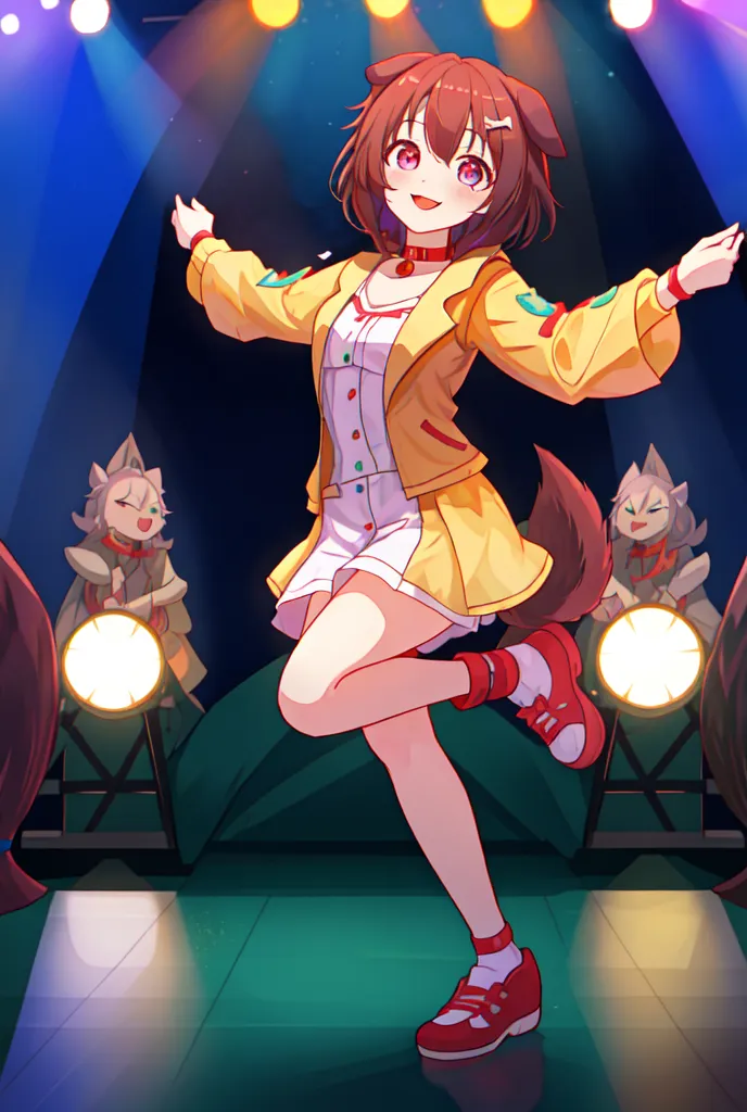 This is an image of a young girl with brown hair and eyes. She is wearing a white dress and a yellow jacket. She is also wearing a pair of red shoes. She is standing on a stage with two spotlights on her. There are also two small wolf-like creatures on the stage with her. The girl is smiling and has her arms outstretched.