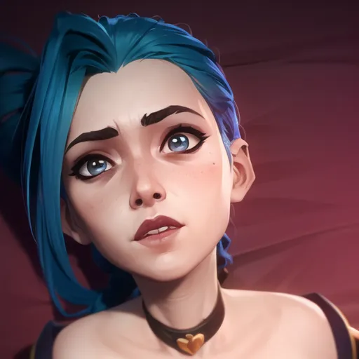 The image is a close-up of a young woman with blue hair and blue eyes. She is looking up at something with a curious expression on her face. She is wearing a black choker with a heart-shaped pendant. Her hair is styled with bangs that frame her face and the rest of it flowing over her shoulders. She has a beauty mark on her right cheek.