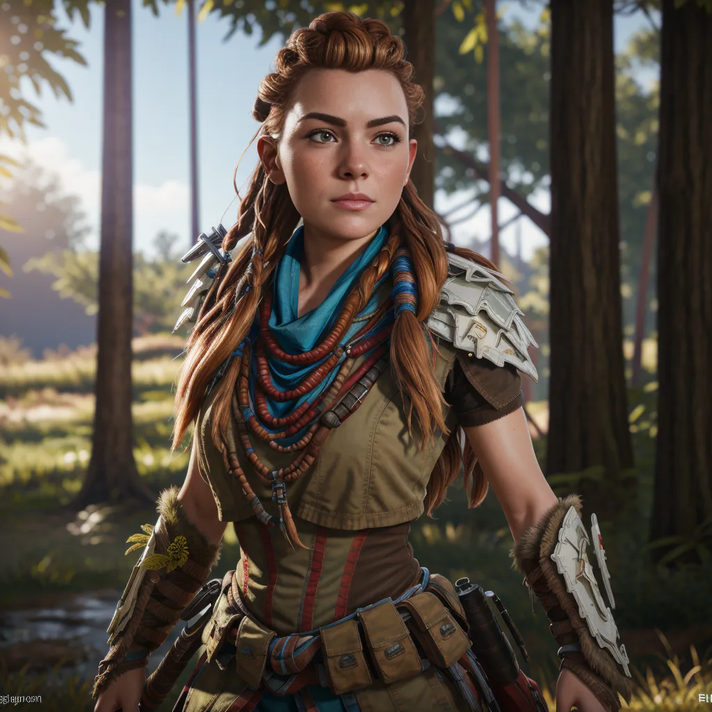 The image shows Aloy from the video game Horizon Forbidden West. She is standing in a forest, looking to the right of the frame. She is wearing a tan and blue outfit with various belts and pouches, as well as a necklace and several bracelets. She has a spear in her right hand and a bow in her left hand. Her face is partially obscured by her hair, which is braided and reddish-brown. The background of the image is blurry, but it appears to be a forest with green trees and brown leaves.