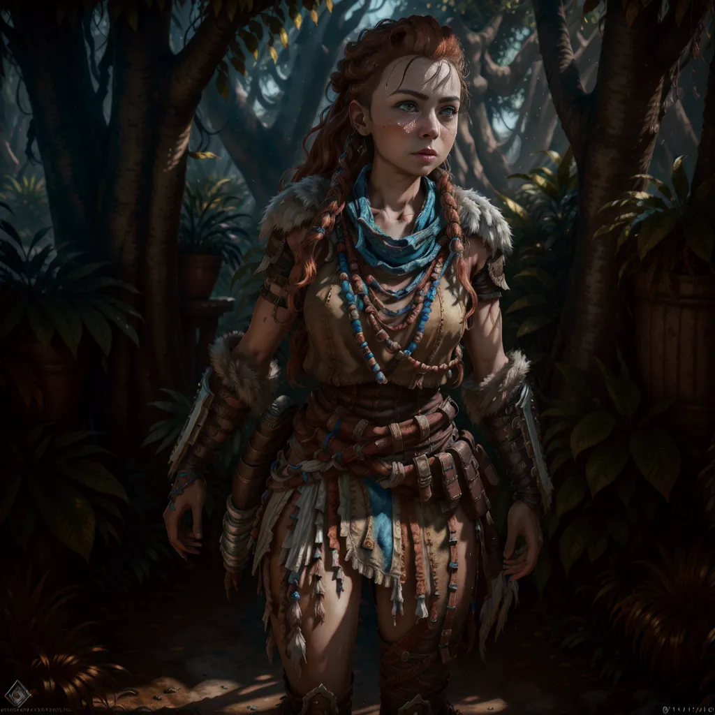 The image shows a young woman standing in a forest. She is wearing a blue and brown outfit made of animal skins and has a spear in her hand. She has long red hair and blue eyes and is looking at the viewer with a serious expression. The background of the image is a blur of green leaves and trees.